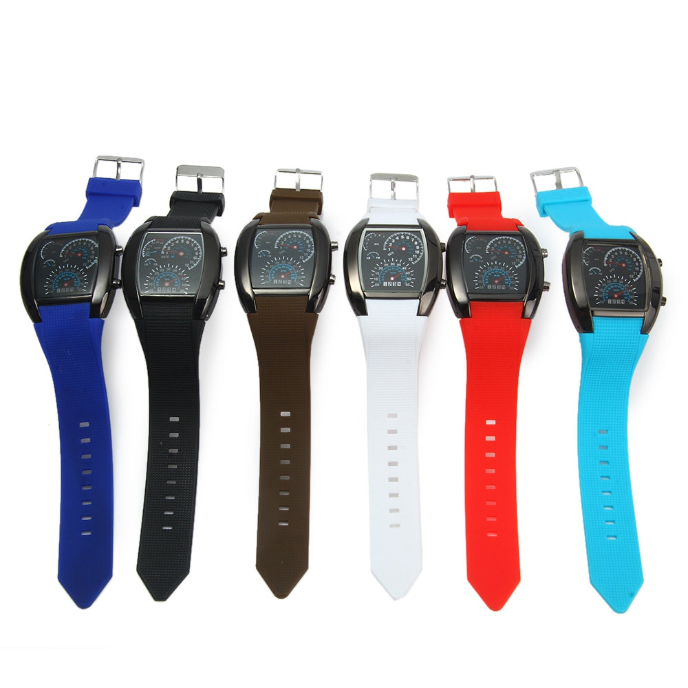 Rubber Band Arch Shaped LED Car Racing Watch with Blue Light Display Time