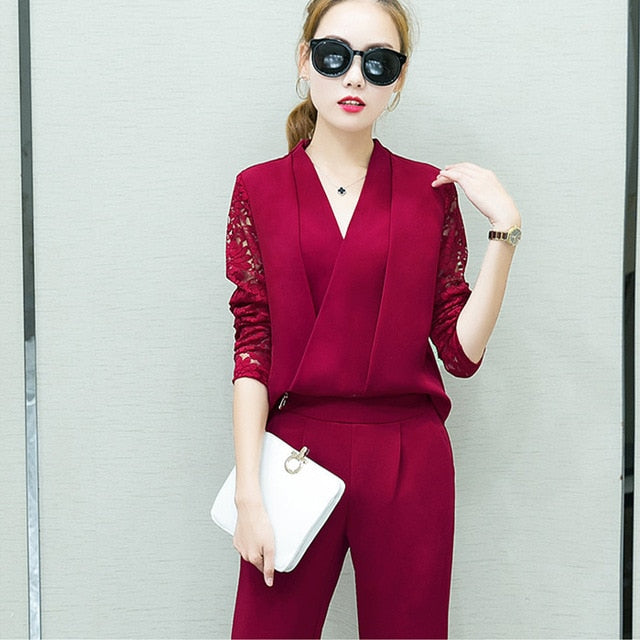 Fashion New 2018 Women 2 Piece Set Women Suit Female Long Sleeve Lace Work Clothes Trousers Two-Piece Sets Foot Trousers S7D008A