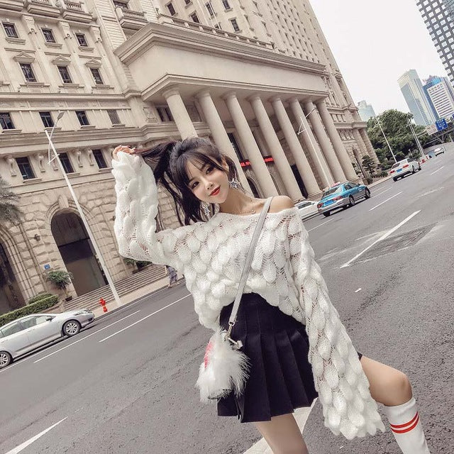 2018 Autumn New Arrival Women's Skirts And Fashion Hollow Out Flare Sleeve knitting Tops Two Piece Sets Women Clothing S87002LD