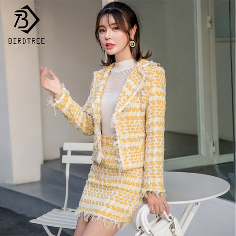 2018 Autumn New Arrival Women's  Fashion Tweed Yellow Two Piece Sets Elegance Slim Tops And Dresses Female Clothing Hot S80226L