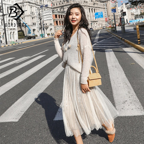 2018 Autumn And Winter New Arrival Women's Knitting Fashion V-Neck Tops And Elegance Mid Mesh Dresses Two Piece Sets S80403L