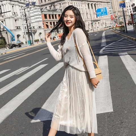 2018 Autumn And Winter New Arrival Women's Knitting Fashion V-Neck Tops And Elegance Mid Mesh Dresses Two Piece Sets S80403L
