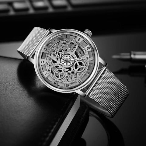 Fashion Business Skeleton Watch Men Engraving Hollow Dress Quartz Wristwatch Stainless Steel Band Women Clock Relojes Mujer