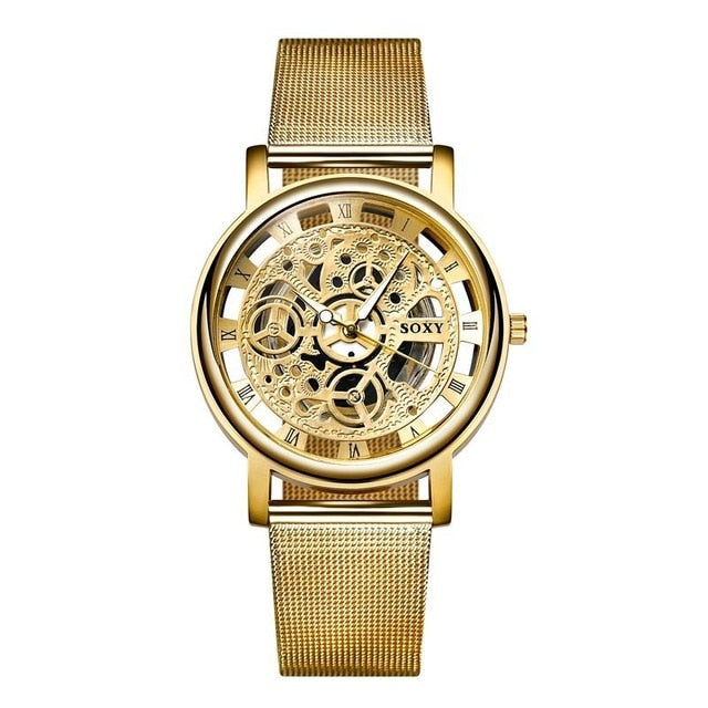 Fashion Business Skeleton Watch Men Engraving Hollow Dress Quartz Wristwatch Stainless Steel Band Women Clock Relojes Mujer