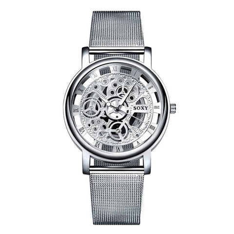 Fashion Business Skeleton Watch Men Engraving Hollow Dress Quartz Wristwatch Stainless Steel Band Women Clock Relojes Mujer