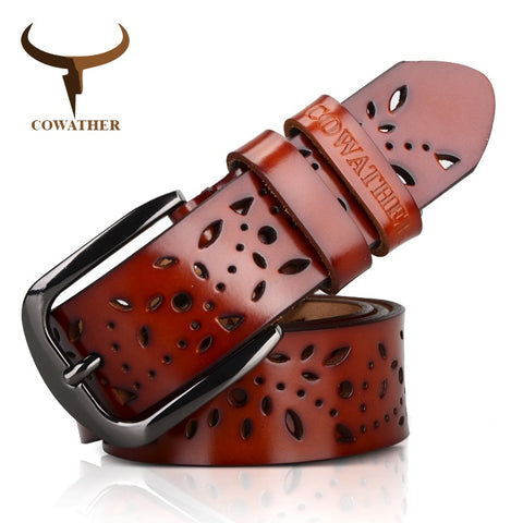 COWATHER New 2019 genuine leather jeans belts for Women Hollow pressed flower luxury strap female belt Gun gray buckle