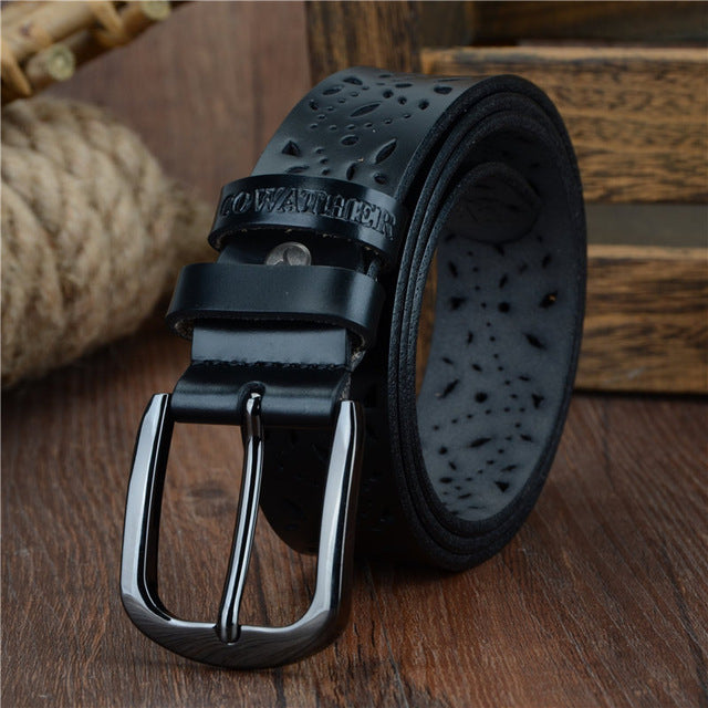 COWATHER New 2019 genuine leather jeans belts for Women Hollow pressed flower luxury strap female belt Gun gray buckle