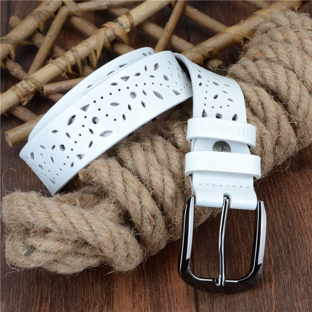 COWATHER New 2019 genuine leather jeans belts for Women Hollow pressed flower luxury strap female belt Gun gray buckle