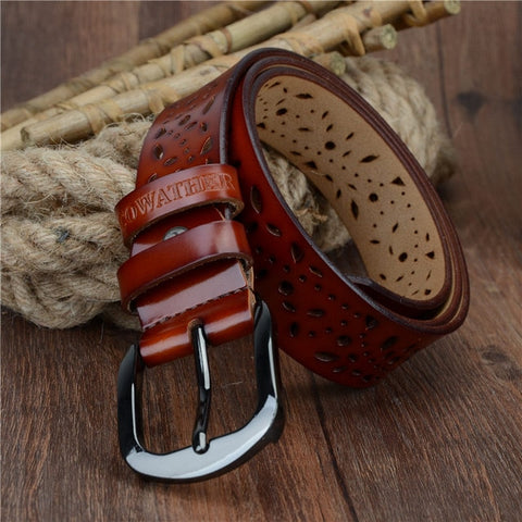 COWATHER New 2019 genuine leather jeans belts for Women Hollow pressed flower luxury strap female belt Gun gray buckle