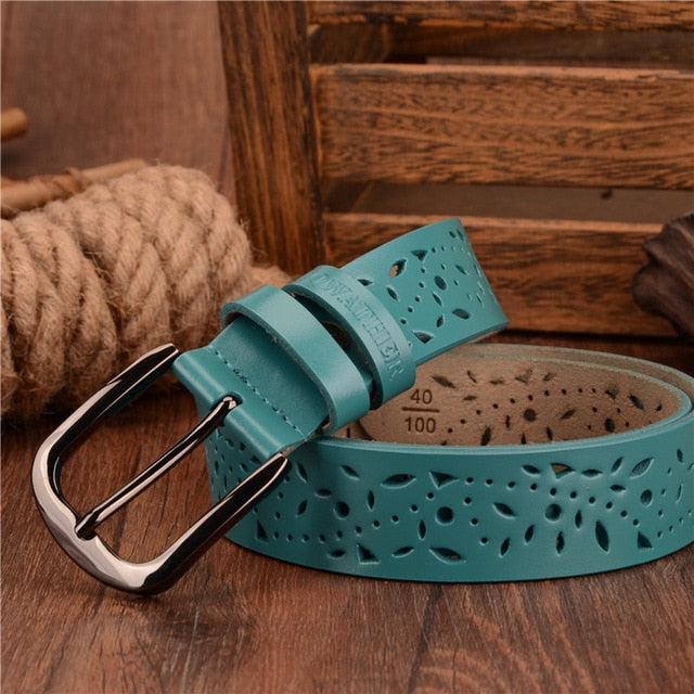 COWATHER New 2019 genuine leather jeans belts for Women Hollow pressed flower luxury strap female belt Gun gray buckle
