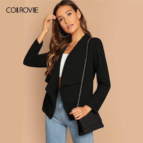 COLROVIE Black Solid Waterfall Elegant Blazer Coat Business Women Clothing 2019 Summer Long Sleeve Office Ladies Casual Blazer