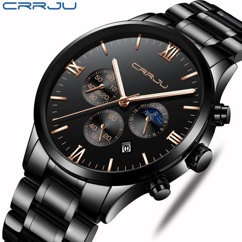 CRRJU Men Stainless Steel Quartz Watch Waterproof Timing Luminous Calendar Mens Watches Top Brand luxury Watch Relogio Masculino