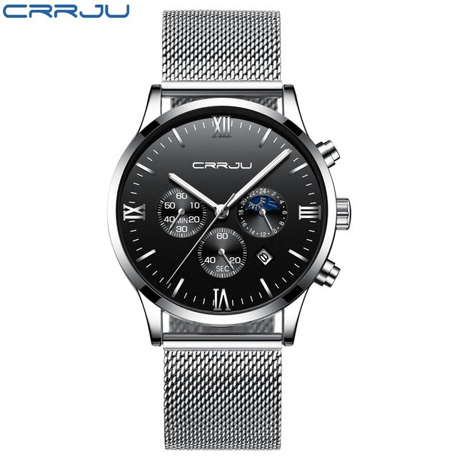 CRRJU Men Stainless Steel Quartz Watch Waterproof Timing Luminous Calendar Mens Watches Top Brand luxury Watch Relogio Masculino