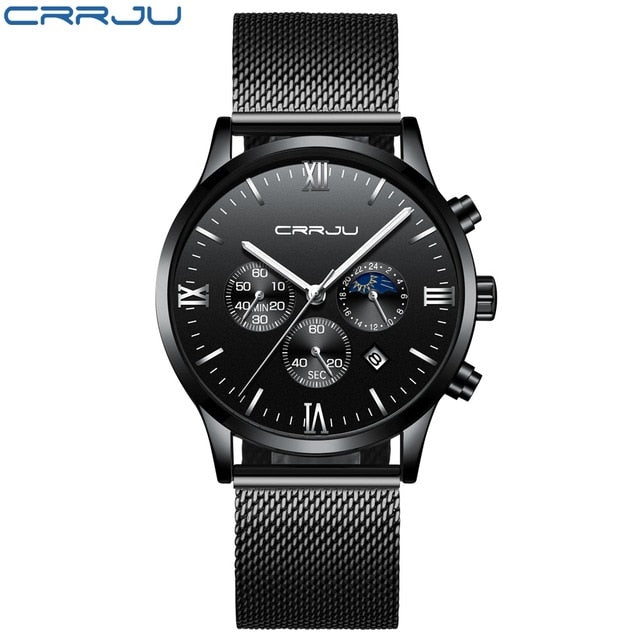 CRRJU Men Stainless Steel Quartz Watch Waterproof Timing Luminous Calendar Mens Watches Top Brand luxury Watch Relogio Masculino