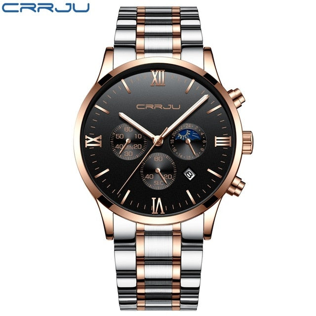 CRRJU Men Stainless Steel Quartz Watch Waterproof Timing Luminous Calendar Mens Watches Top Brand luxury Watch Relogio Masculino