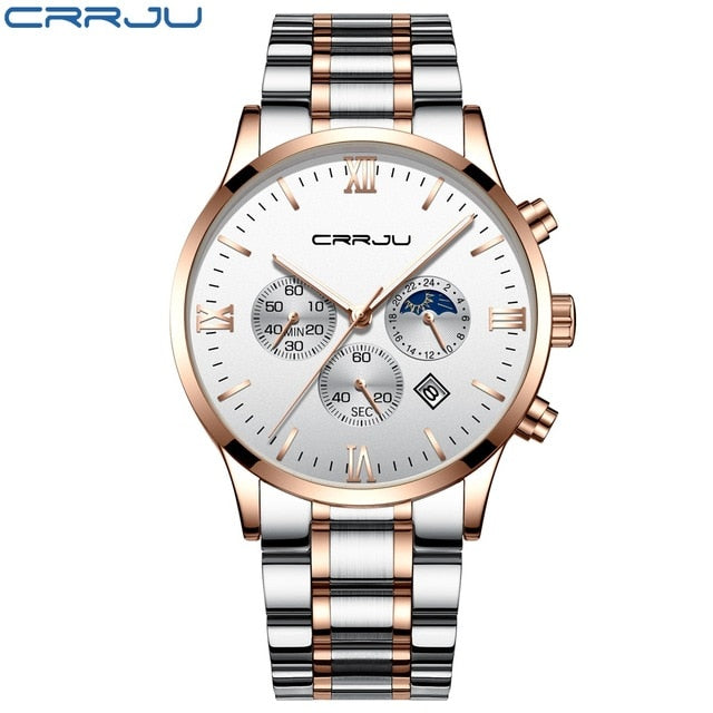 CRRJU Men Stainless Steel Quartz Watch Waterproof Timing Luminous Calendar Mens Watches Top Brand luxury Watch Relogio Masculino