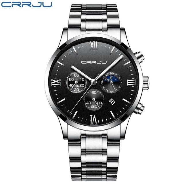 CRRJU Men Stainless Steel Quartz Watch Waterproof Timing Luminous Calendar Mens Watches Top Brand luxury Watch Relogio Masculino