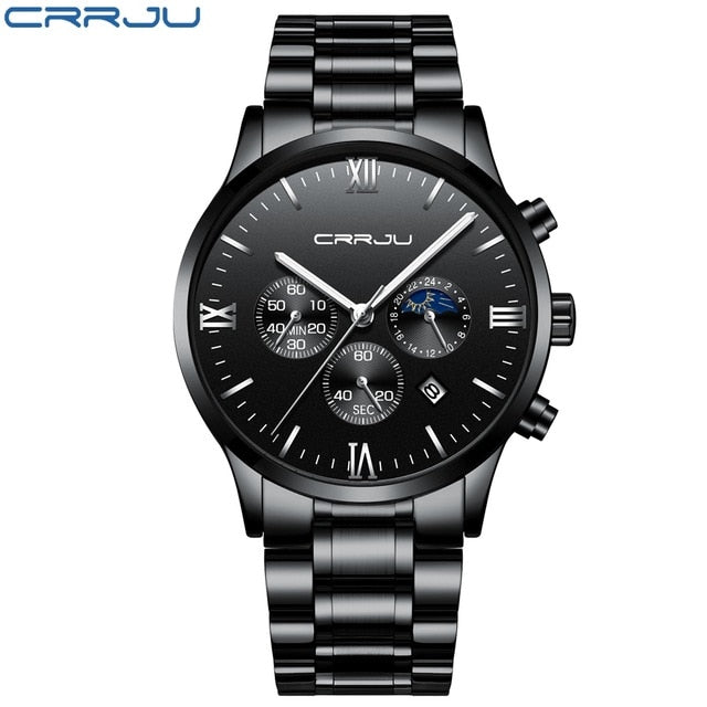 CRRJU Men Stainless Steel Quartz Watch Waterproof Timing Luminous Calendar Mens Watches Top Brand luxury Watch Relogio Masculino