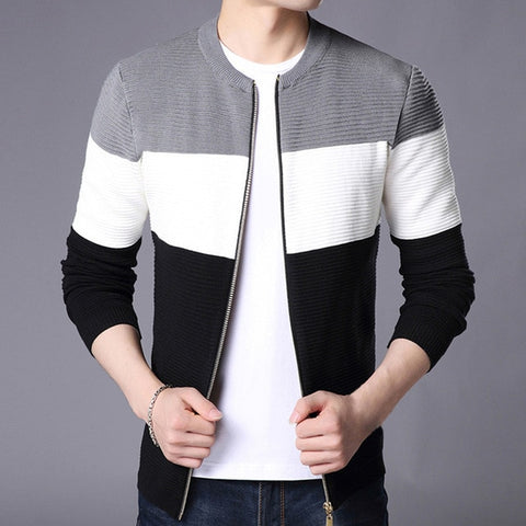 2019 New Men Sweaters Knited Zipper Patchwork Autumn Casual Men Clothes Slim Fit Tops Masculino Striped Sweater Outwear Hombre