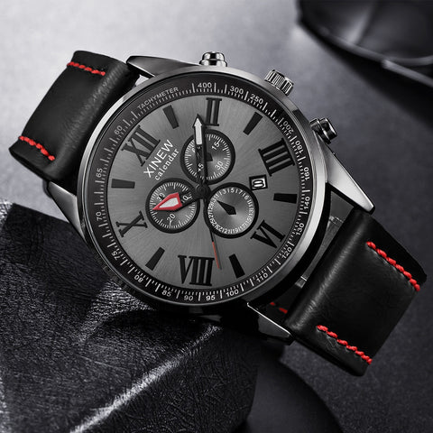 XINEW Men Watch Leather Band Sports Date Analog Alloy Military Quartz watch man watches mens 2019 relogios masculino
