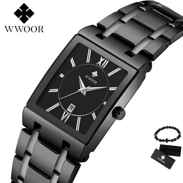 WWOOR Men's Watch 2019 New Brand Fashion Luxury Stainless Steel Rectangular Quartz Wrist Watches Man watch Relogio Masculino